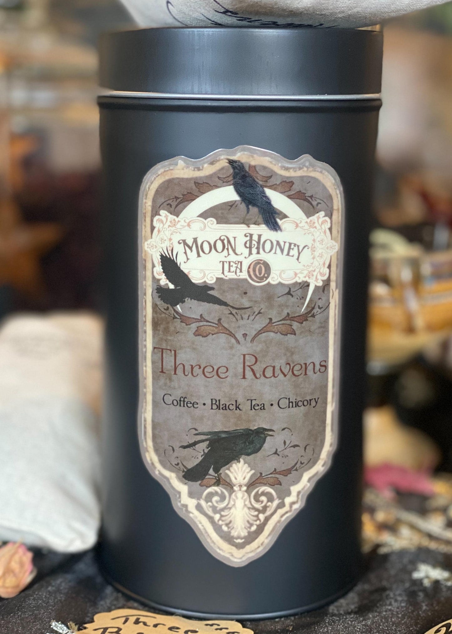 Three Ravens coffee/tea blend in large tin