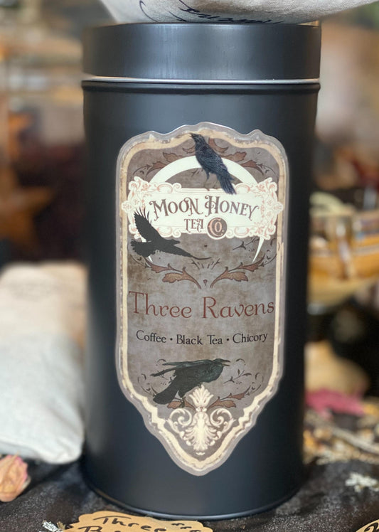 Three Ravens coffee/tea blend in large tin