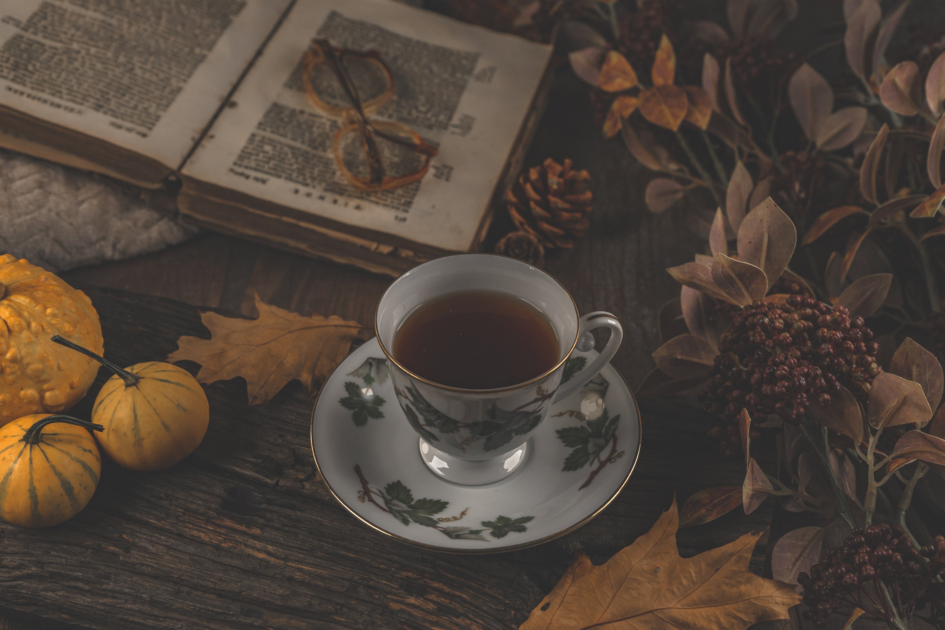 Teacup with saucer on a wooden surface with autumn decorations - Moon Honey Tea